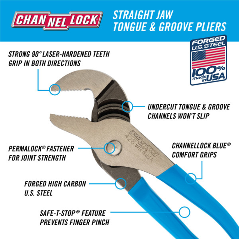 Channellock 8 Inch Straight Jaw Tongue and Groove Pliers from Columbia Safety